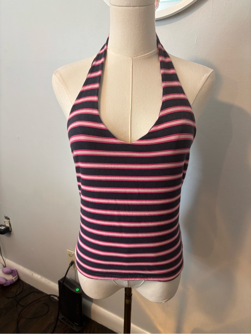 American Eagle Outfitters Navy and Pink Striped Halter Tank